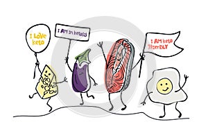 Keto diet hand drawn illustration. Cartoon cute cheese, eggplant, salmon, egg characters with lettering. Healthy ketogenic