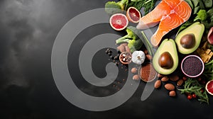 Keto diet main foods on a dark background with copy space