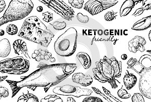 Keto diet vector drawing. Ketogenic hand drawn template. Vintage engraved sketch