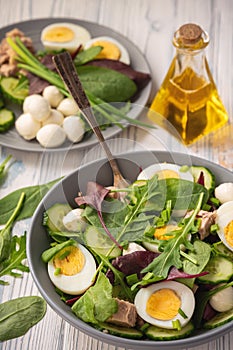 Keto dish - healthy green salad with arugula, tuna, mozzarella and eggs.