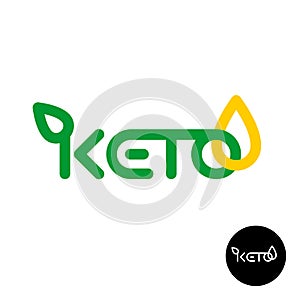 Keto logo. Ketogenic diet product symbol. Line style Keto word with green leaf and yellow oil fats.
