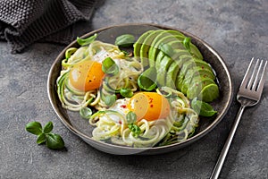Keto low carb breakfast baked spiralized zucchini with eggs and avocado