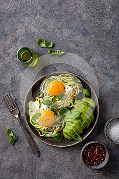 Keto low carb breakfast baked spiralized zucchini with eggs and avocado