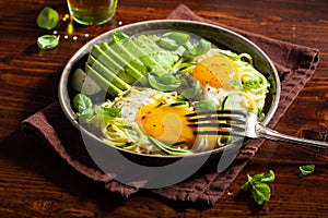 Keto low carb breakfast baked spiralized zucchini with eggs and avocado