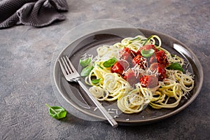 Keto paleo diet zoodles spiralized zucchini noodles with meatballs and parmesan