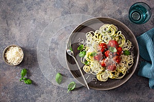 Keto paleo diet zoodles spiralized zucchini noodles with meatballs and parmesan