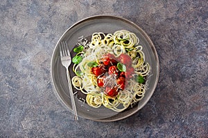 Keto paleo diet zoodles spiralized zucchini noodles with meatballs and parmesan