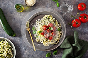 Keto paleo diet zoodles spiralized zucchini noodles with meatballs and parmesan