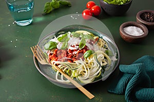 Keto paleo zoodles bolognese: zucchini noodles with meat sauce and parmesan