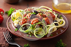 Keto paleo zoodles zucchini noodles with meatballs and olives