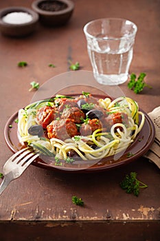 Keto paleo zoodles zucchini noodles with meatballs and olives