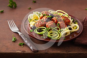 Keto paleo zoodles zucchini noodles with meatballs and olives