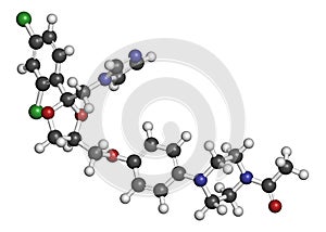 Ketoconazole antifungal drug molecule. 3D rendering. Atoms are represented as spheres with conventional color coding: hydrogen (