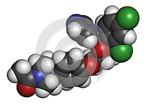 Ketoconazole antifungal drug molecule. 3D rendering. Atoms are represented as spheres with conventional color coding: hydrogen (
