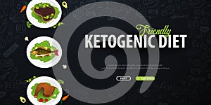 Ketogenic Diet banner, Healty Keto food. Low carbs ketogenic diet food. Vector Illustration.