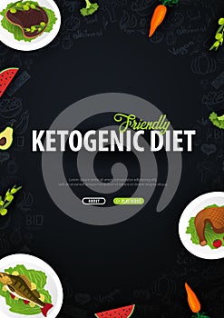 Ketogenic Diet banner, Healty Keto food. Low carbs ketogenic diet food. Vector Illustration.