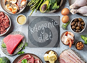 KETOGENIC DIET CONCEPT. Healthy low carb product background. Top view