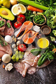 Ketogenic diet concept, ingredients for healthy food. Various balanced useful components healthy low carbohydrate foods.