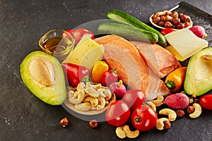 Ketogenic diet concept. Low carb keto diet food set. Green vegetables, nuts, fish fillets, cherry tomatoes. Healthy food concept
