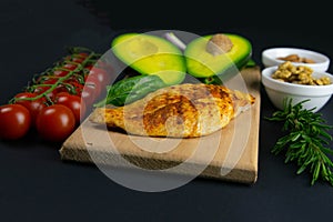 Ketogenic diet concept. A set of products of the low carb keto diet. Green vegetables, nuts, chicken fillet, flax seeds