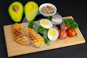 Ketogenic diet concept. A set of products of the low carb keto diet. Green vegetables, nuts, chicken fillet, flax seeds