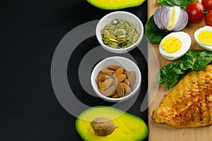 Ketogenic diet concept. A set of products of the low carb keto diet. Green vegetables, nuts, chicken fillet, flax seeds