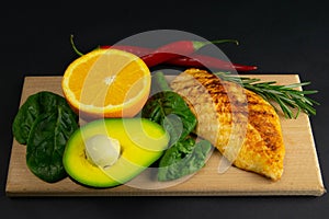 Ketogenic diet concept. A set of products of the low carb keto diet. Green vegetables, nuts, chicken fillet, flax seeds