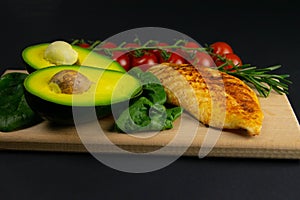 Ketogenic diet concept. A set of products of the low carb keto diet. Green vegetables, nuts, chicken fillet, flax seeds