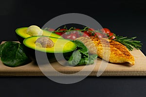 Ketogenic diet concept. A set of products of the low carb keto diet. Green vegetables, nuts, chicken fillet, flax seeds