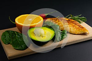 Ketogenic diet concept. A set of products of the low carb keto diet. Green vegetables, nuts, chicken fillet, flax seeds