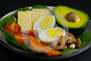 Ketogenic diet concept. A set of products of the low carb keto diet. Green vegetables, nuts, chicken fillet, flax seeds