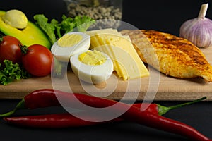 Ketogenic diet concept. A set of products of the low carb keto diet. Green vegetables, nuts, chicken fillet, flax seeds