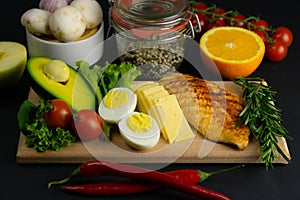 Ketogenic diet concept. A set of products of the low carb keto diet. Green vegetables, nuts, chicken fillet, flax seeds