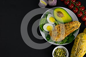 Ketogenic diet concept. A set of products of the low carb keto diet. Green vegetables, nuts, chicken fillet, flax seeds