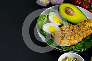 Ketogenic diet concept. A set of products of the low carb keto diet. Green vegetables, nuts, chicken fillet, flax seeds