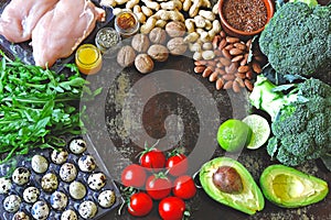 Ketogenic diet concept. A set of products of the low carb keto diet. Green vegetables, nuts, chicken fillet, flax seeds, quail egg