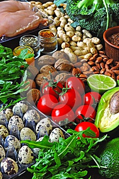 Ketogenic diet concept. A set of products of the low carb keto diet. Green vegetables, nuts, chicken fillet, flax seeds, quail egg