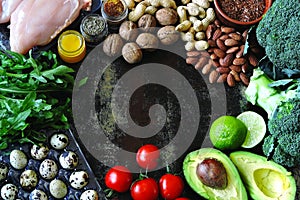 Ketogenic diet concept. A set of products of the low carb keto diet. Green vegetables, nuts, chicken fillet, flax seeds, quail egg