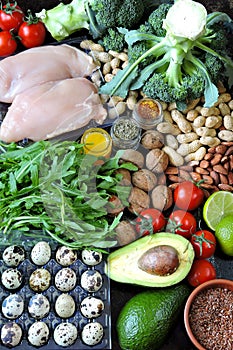 Ketogenic diet concept. A set of products of the low carb keto diet. Green vegetables, nuts, chicken fillet, flax seeds, quail egg