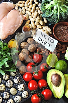 Ketogenic diet concept. A set of products of the low carb keto diet. Green vegetables, nuts, chicken fillet, flax seeds, quail egg