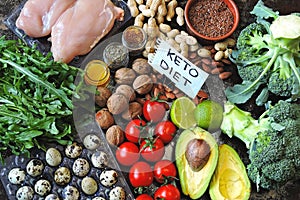 Ketogenic diet concept. A set of products of the low carb keto diet. Green vegetables, nuts, chicken fillet, flax seeds, quail egg