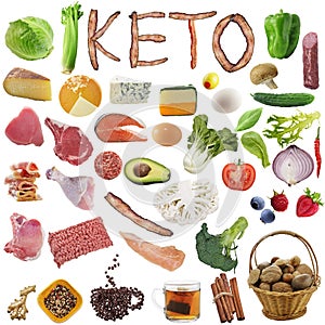 Ketogenic diet food. Balanced low-carb food on white background