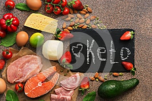 Ketogenic diet food. Healthy low carbs products.Keto diet concept. Vegetables, fish, meat, nuts, seeds, strawberries, cheese on a photo