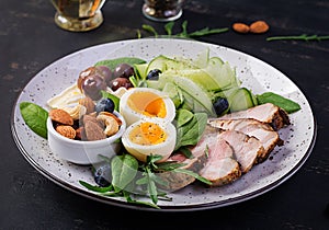 Ketogenic diet. Keto brunch. Boiled egg, pork steak and olives, cucumber, spinach, brie cheese, nuts and blueberry