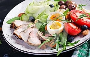 Ketogenic diet. Boiled egg, pork steak and olives, cucumber, spinach, brie cheese, nuts and tomato photo