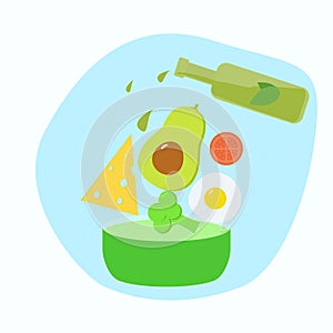 Ketogenic diet Salad with popular products for keto diet. Avocado, egg, broccoli, olive oil, tomato, cheese in salad plate. Vector