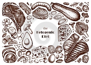 Ketogenic diet vector illustrations set. Hand drawn organic food  and dairy products sketches. Keto diet design elements - meat,