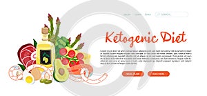Ketogenic diet web banner template. Basic keto foods with measuring tape, dietic concept
