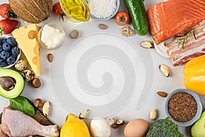 Ketogenic, keto, low carb diet. Frame made of vegetables, meat, fish, nuts and oil on white background. top view