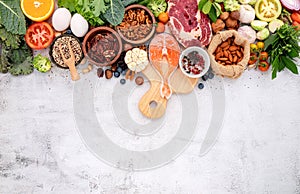 Ketogenic low carbs diet concept. Ingredients for healthy foods selection set up on white concrete background